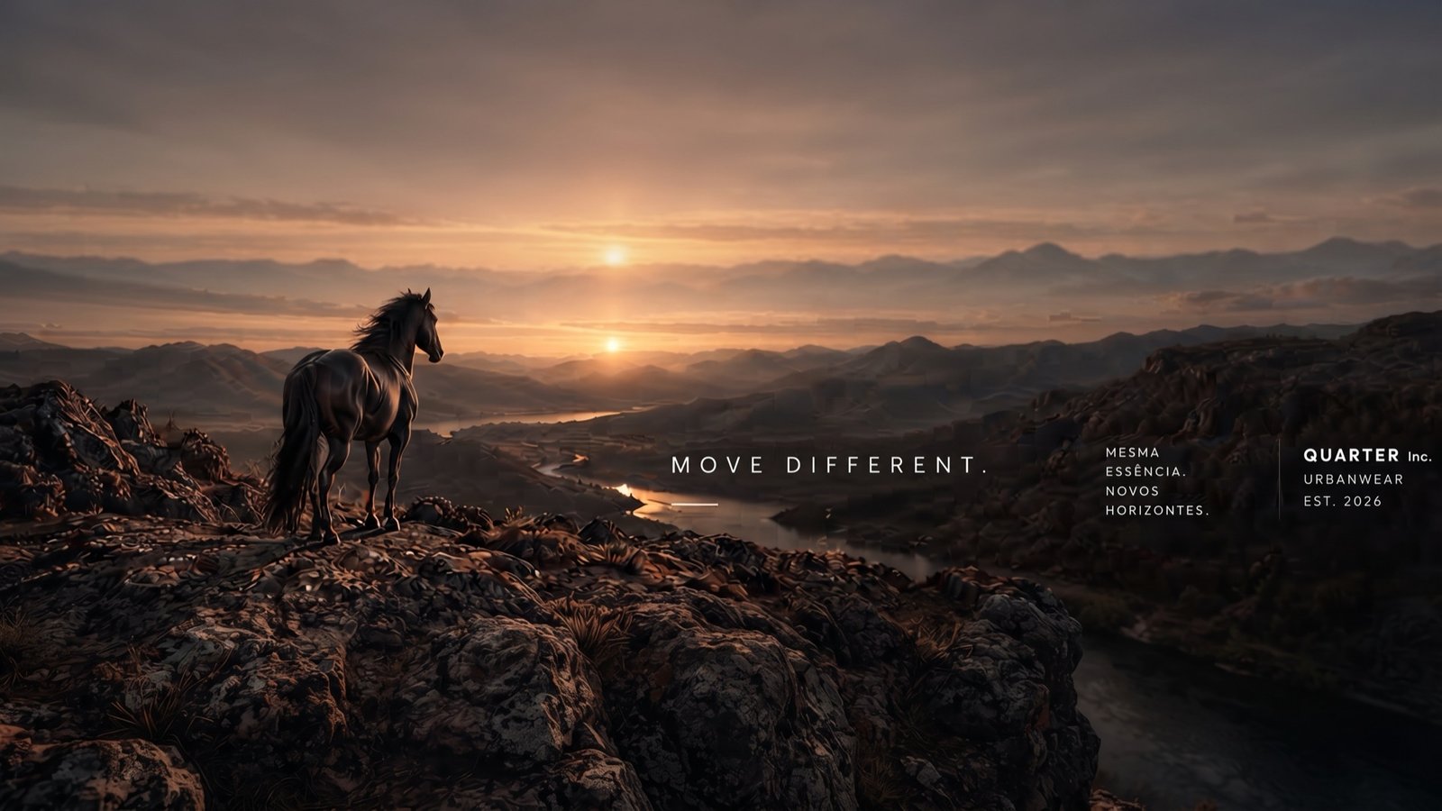 Cavalo no alto da montanha olhando o horizonte ao pôr do sol